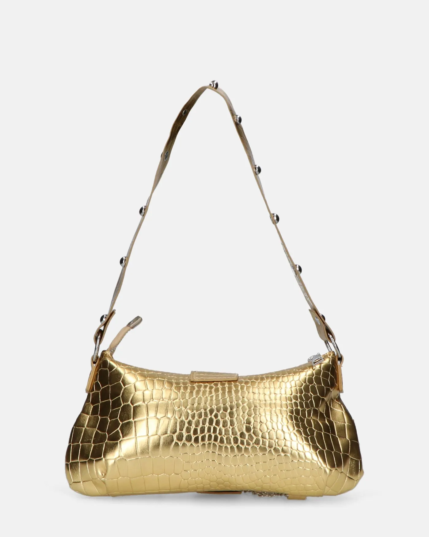 ABBEY - borsa a tracolla oro glassy con borchie argento e trama coccodrillo