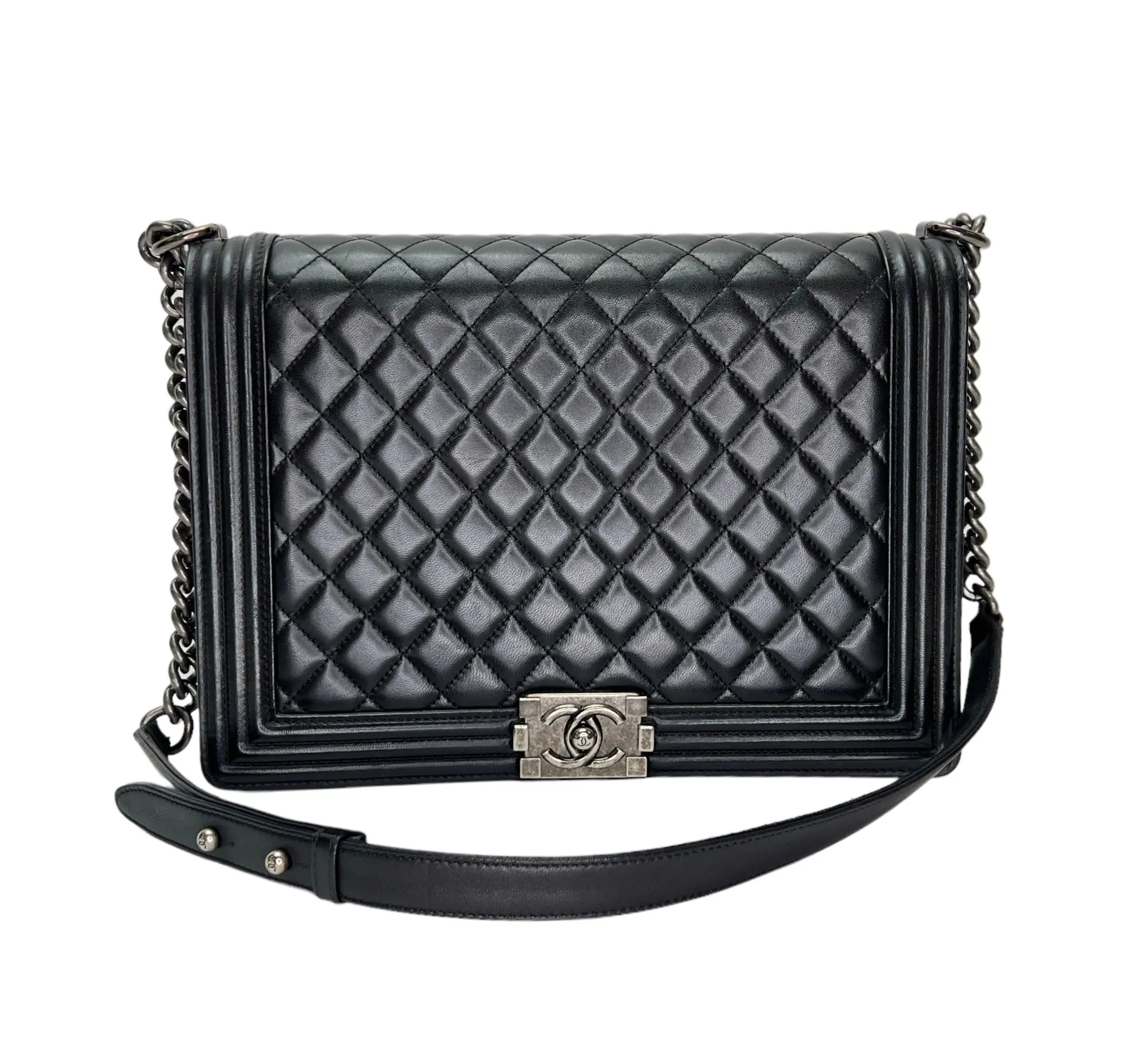 Boy Large Black Crossbody Bag in Lambskin, Ruthenium hardware