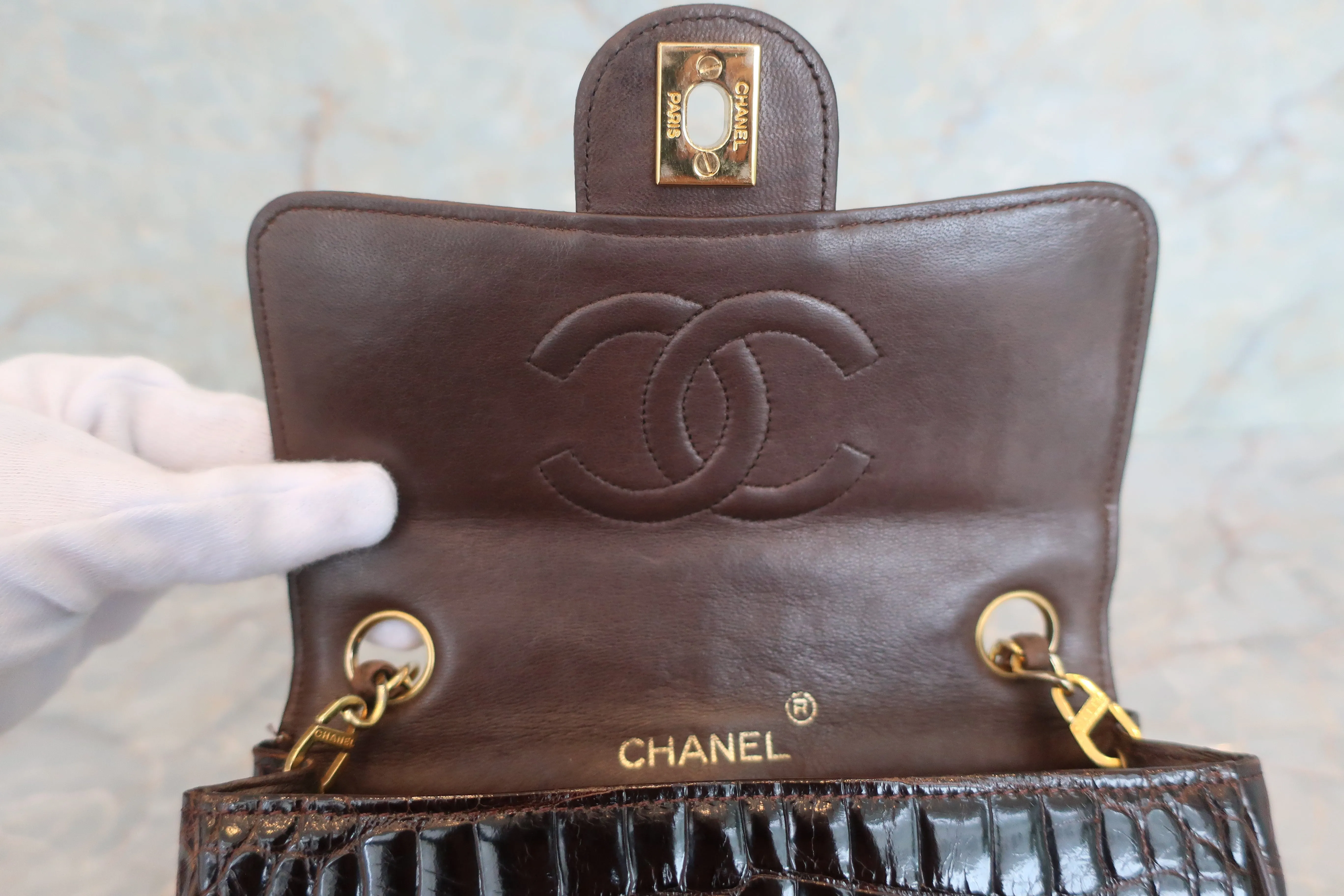 CHANEL/シャネル ミニマトラッセシングルフラップチェーンショルダーバッグ クロコダイル/ラムスキン ブラウン/ゴールド金具 ショルダーバッグ 600040211