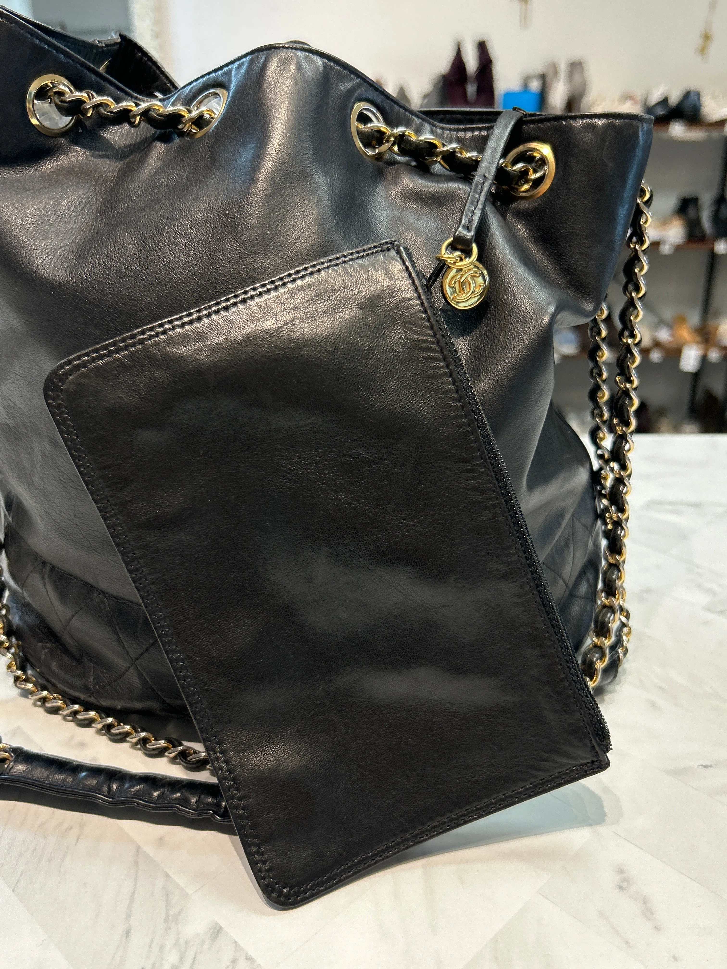 Chanel Black Leather Gabrielle Bucket Bag, 10"x10.5"