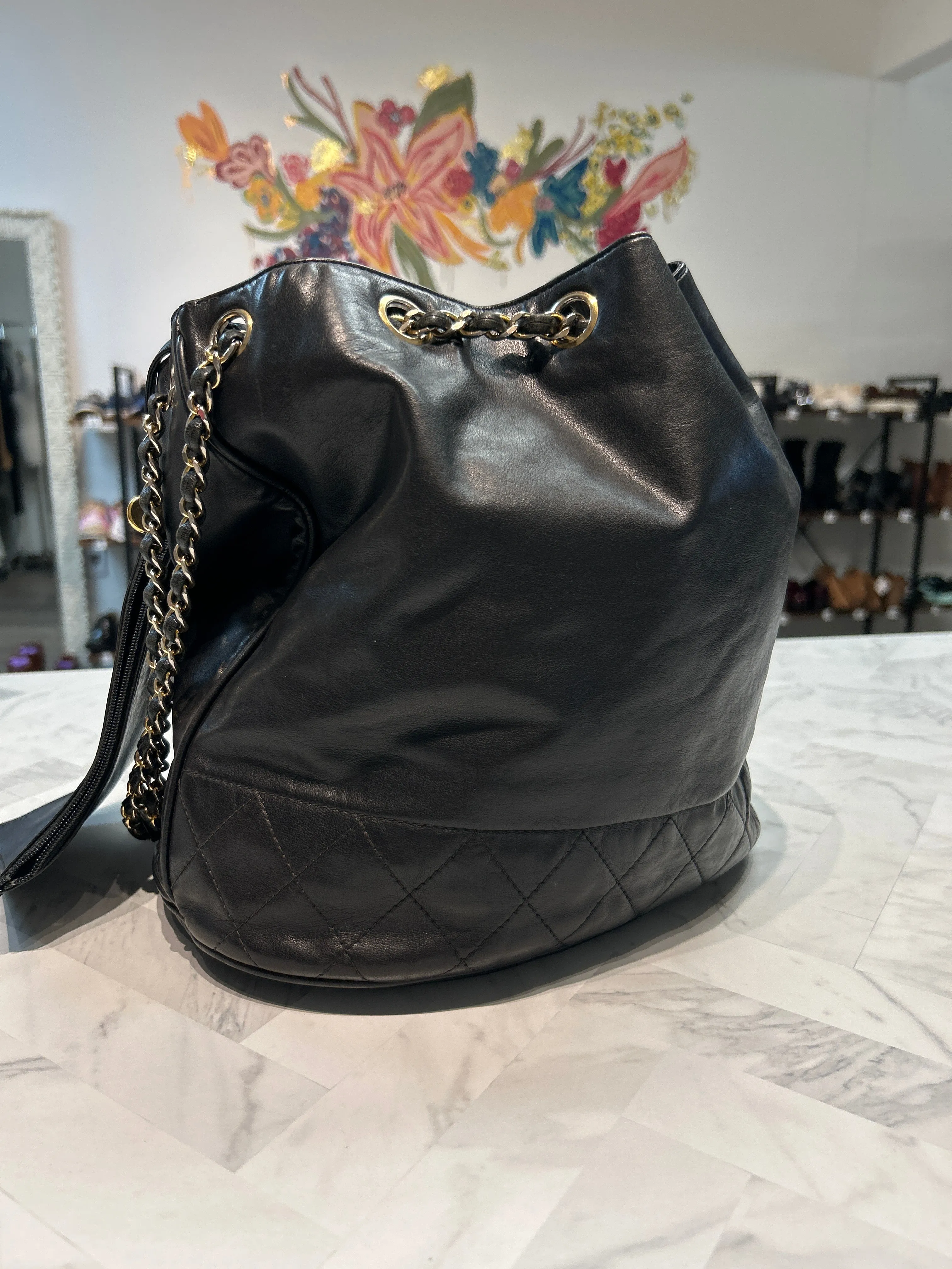 Chanel Black Leather Gabrielle Bucket Bag, 10"x10.5"