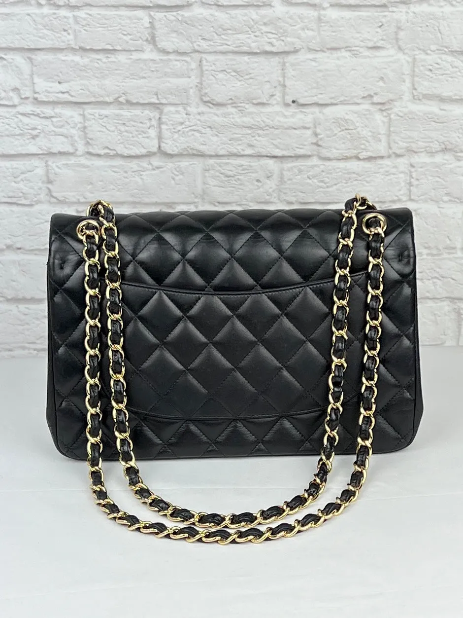 Chanel Vintage Lambskin Quilted Jumbo Double Flap, Black/Gold