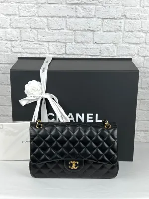 Chanel Vintage Lambskin Quilted Jumbo Double Flap, Black/Gold