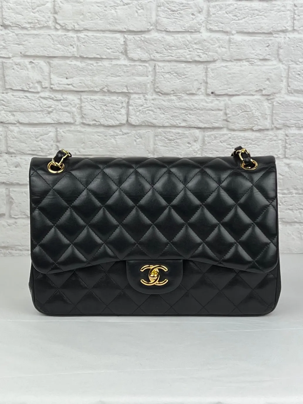 Chanel Vintage Lambskin Quilted Jumbo Double Flap, Black/Gold