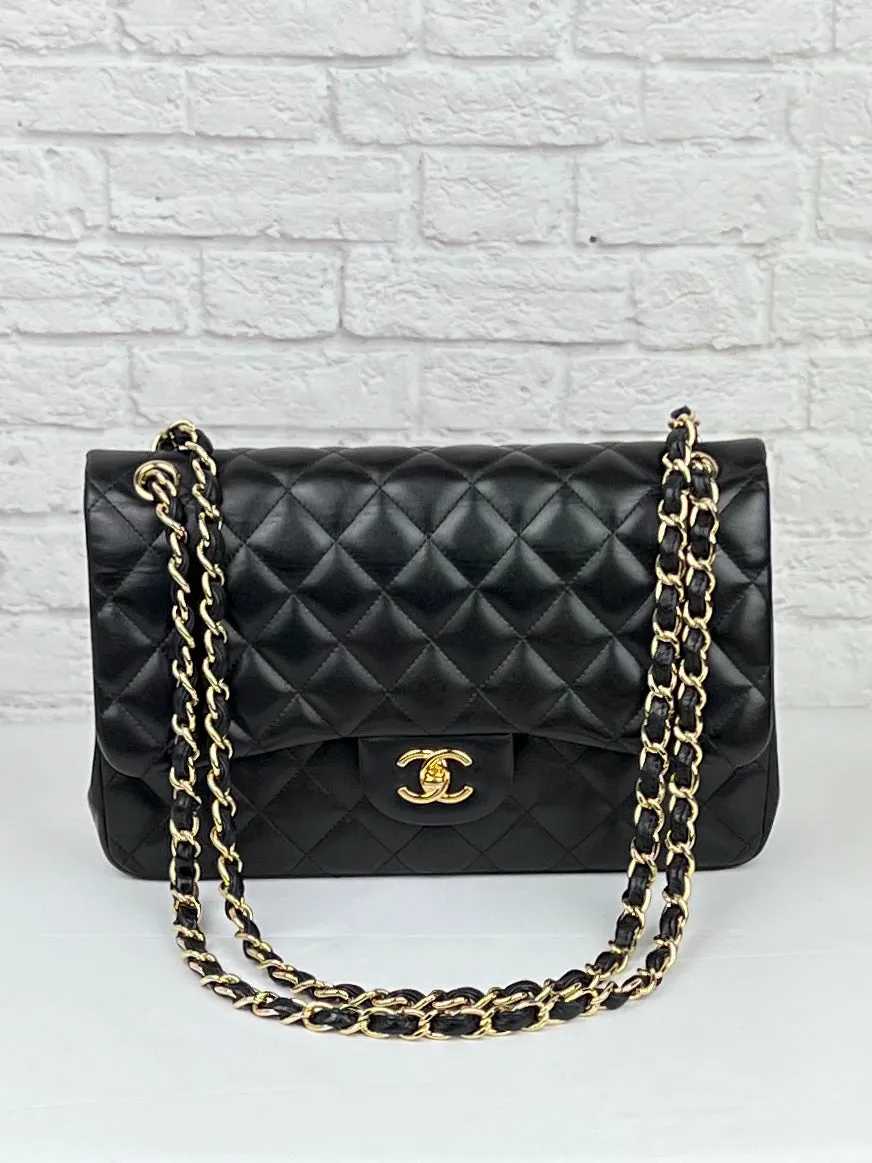 Chanel Vintage Lambskin Quilted Jumbo Double Flap, Black/Gold