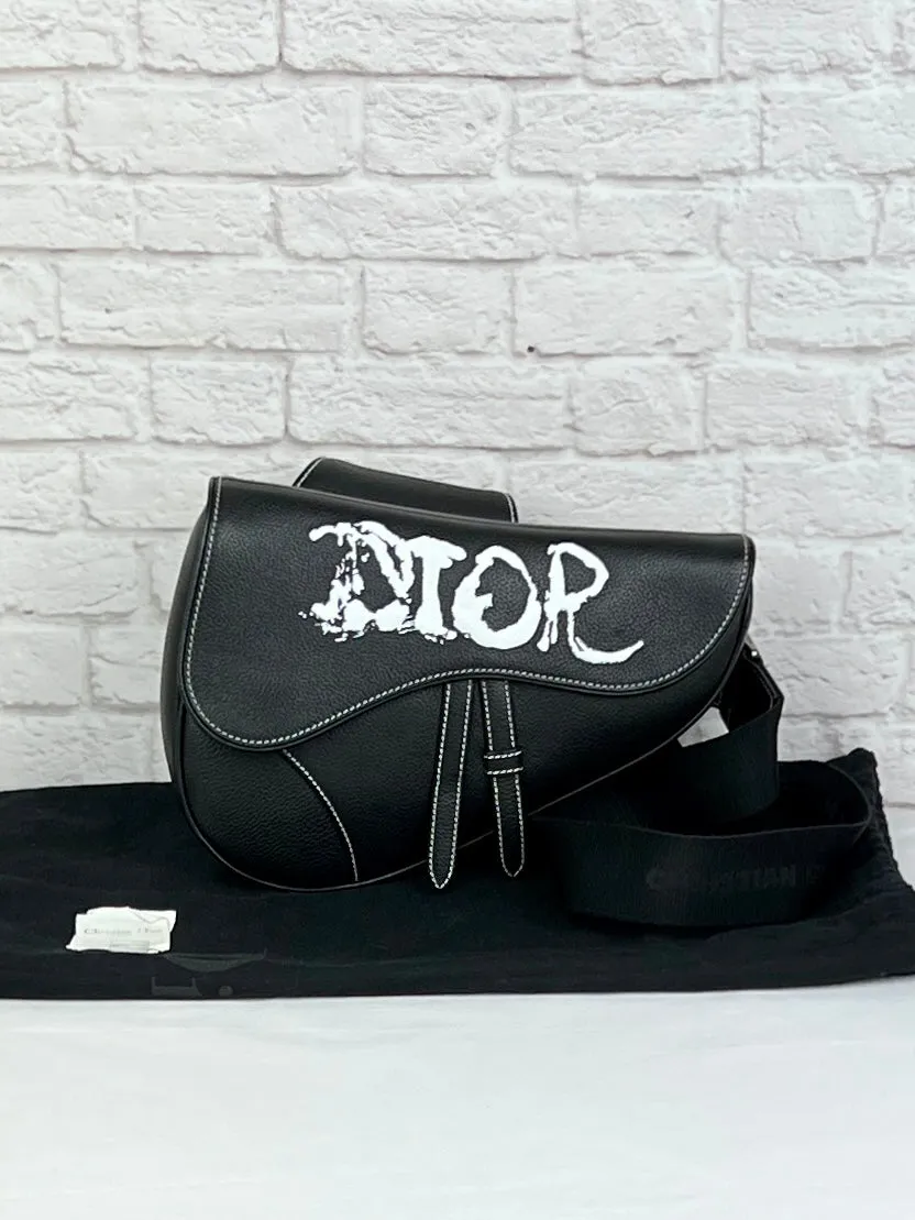 Christian Dior  X PETER DOIG Grained Calfskin Saddle Bag Black