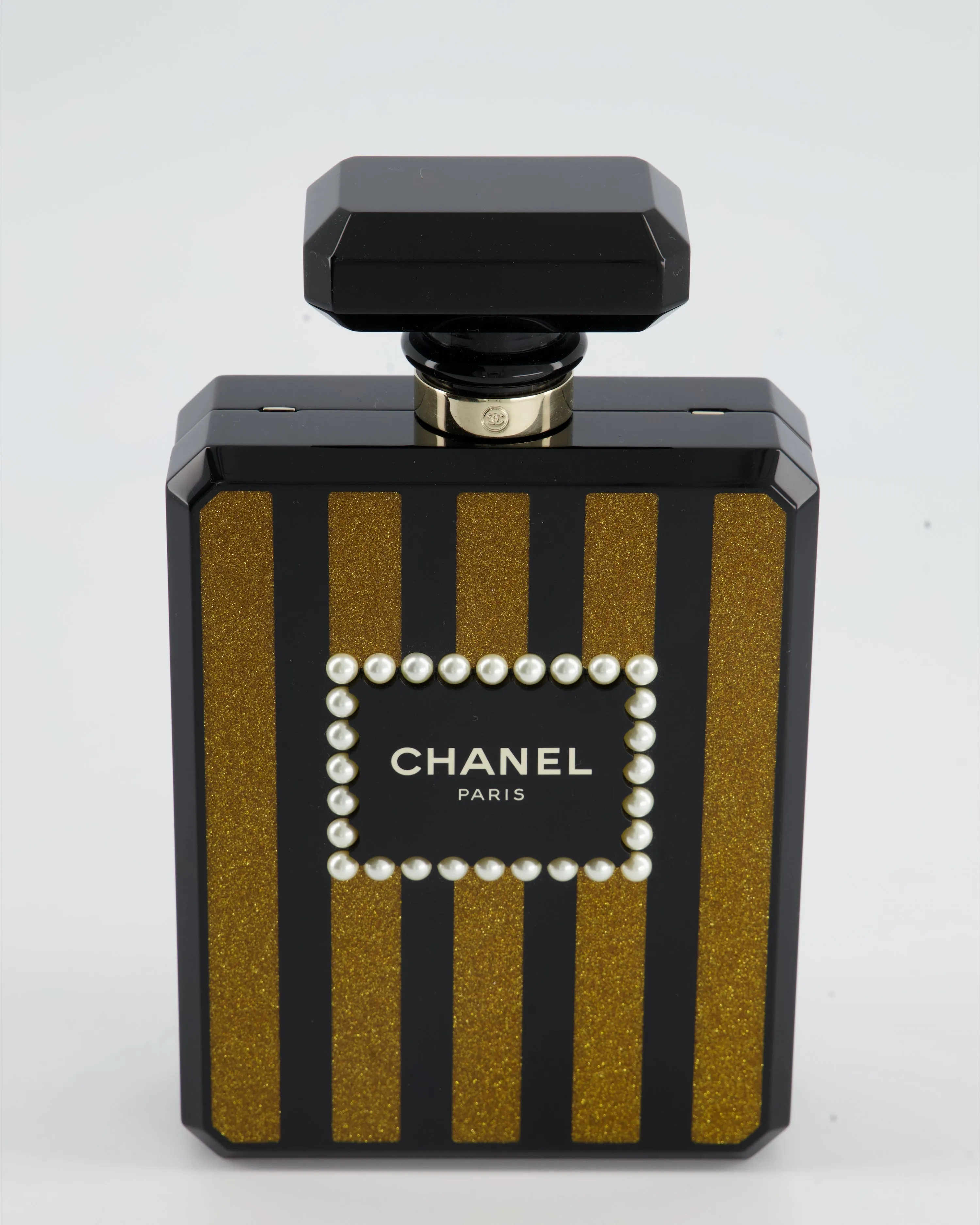 *COLLECTORS* Chanel Black and Glittered Gold Glittered Plexiglass Perfume Bottle with Pearl Detail