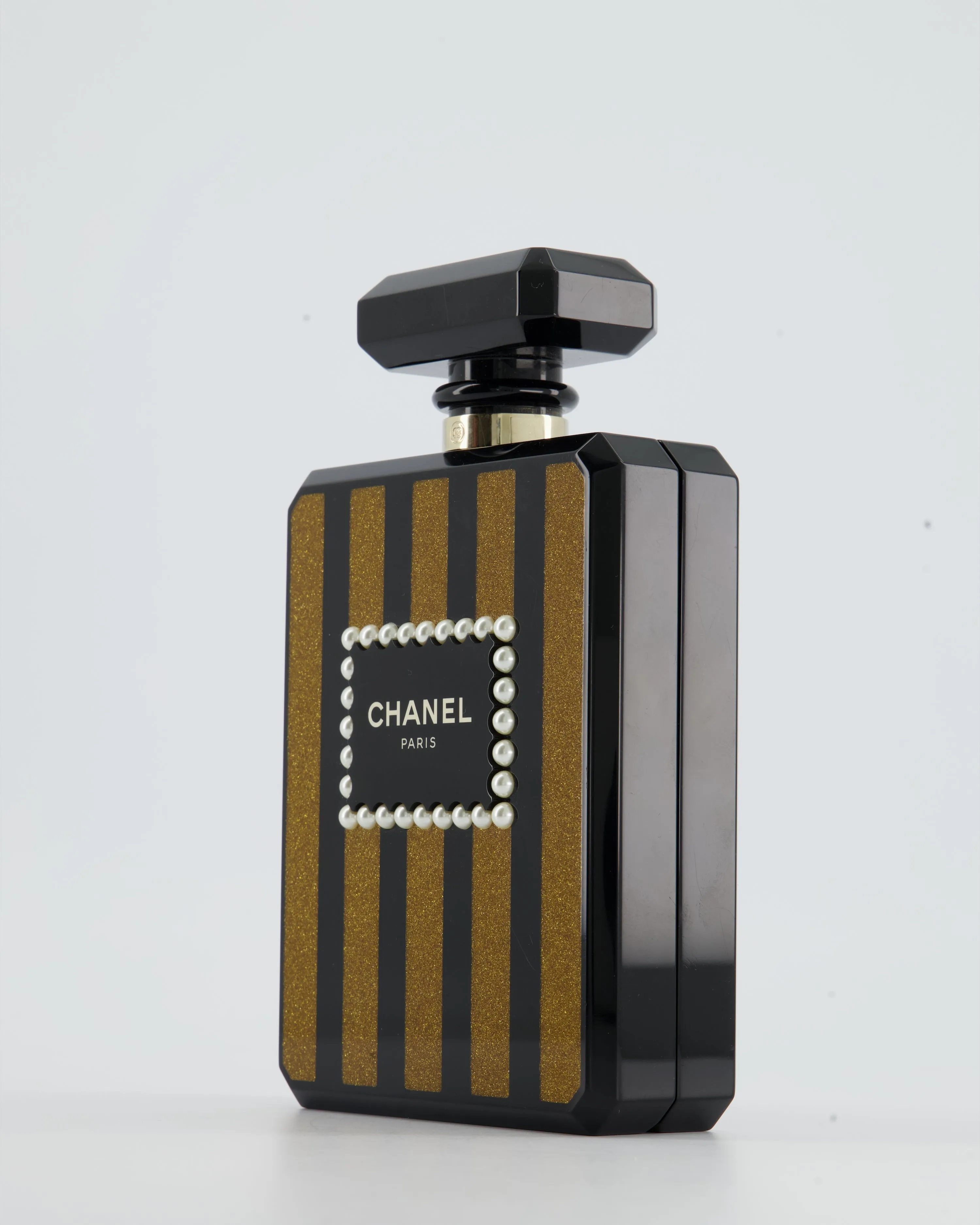 *COLLECTORS* Chanel Black and Glittered Gold Glittered Plexiglass Perfume Bottle with Pearl Detail