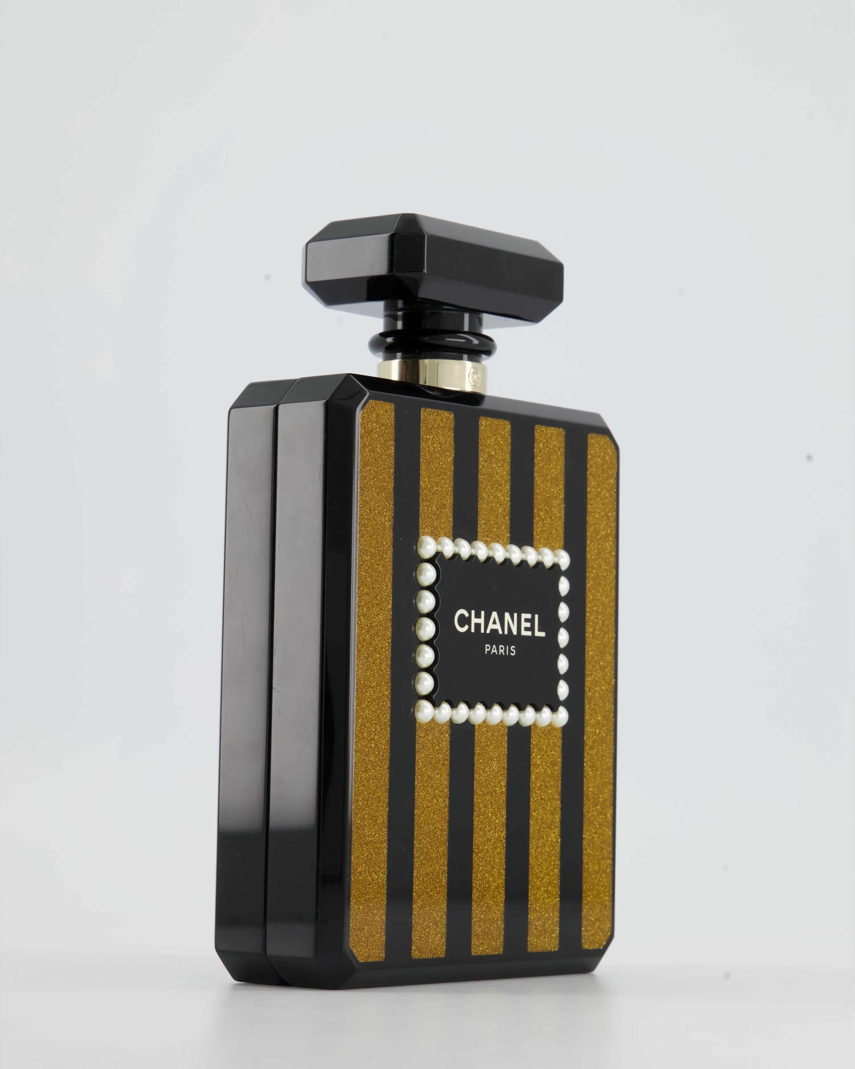 *COLLECTORS* Chanel Black and Glittered Gold Glittered Plexiglass Perfume Bottle with Pearl Detail