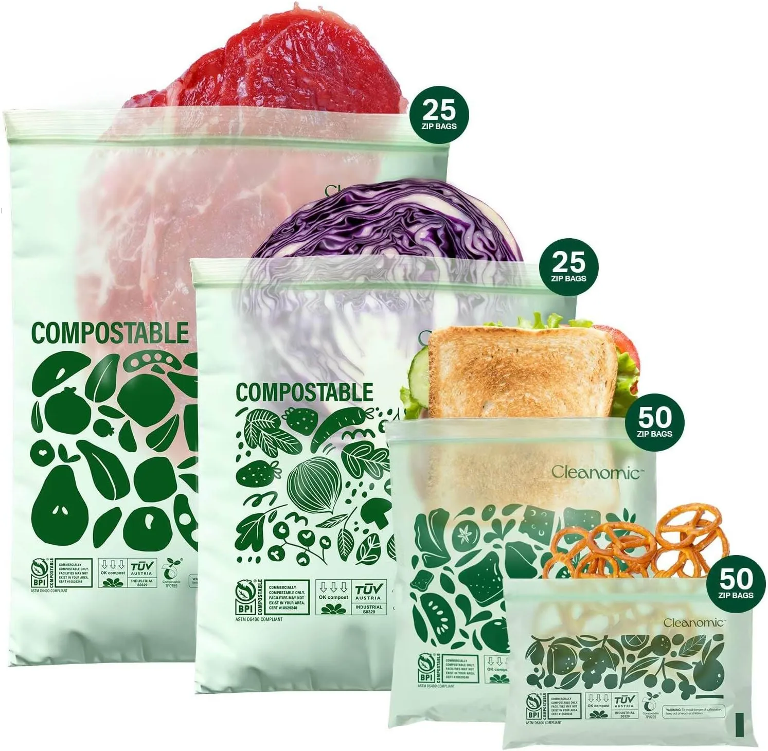 Compostable Food Storage Bag Bundle, Gallon, Quart, Sandwich and Snack Sizes