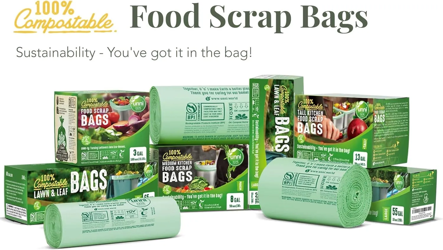 Compostable Liner Bags, 13 Gallon, 49.2 Liter, Heavy Duty 0.85 Mil, Tall Kitchen Food Scrap Waste Bags, 200 Count