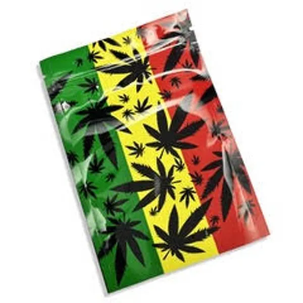 Designed Mylar Bag - Rasta silhouette Leaves - 9cm x 13cm - Pack of 10