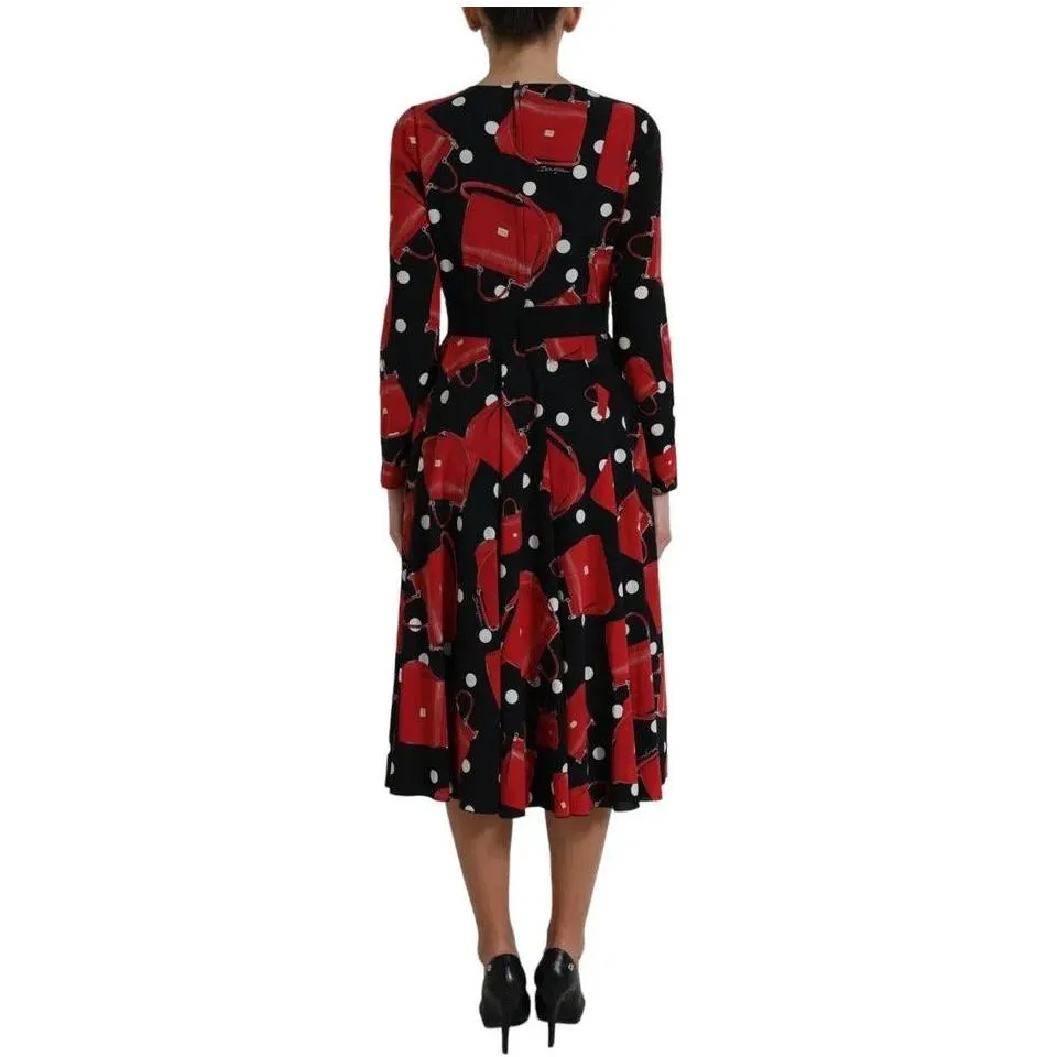 Dolce & Gabbana Black Sicily Bag Print Flared Midi Dress