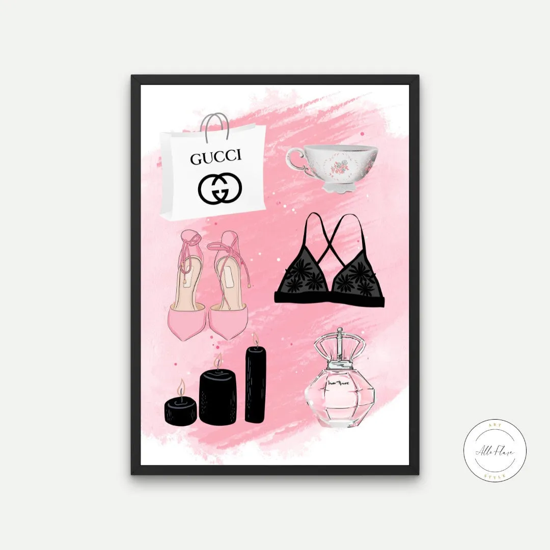 Fashion Items Pink Luxury Wall Art PRINTABLE WALL ART, Glam Wall Art, Designer Poster, Fashion Illustration, Luxury Bag Shoes, Closet Decor