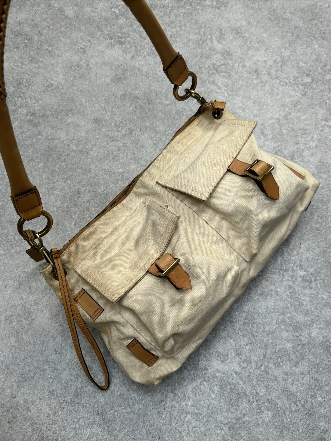 Gucci Multi Pockets Canvas Leather Shoulder Bag