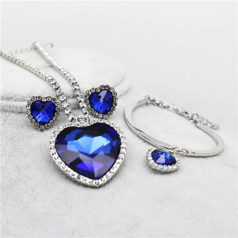 Heart of Ocean Blue Heart Love Forever Jewelry Set For Women Crystal Rhinestones Necklace Earrings Ring Bracelet Set