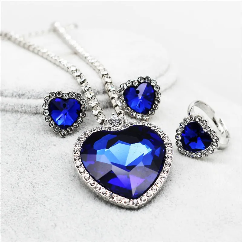 Heart of Ocean Blue Heart Love Forever Jewelry Set For Women Crystal Rhinestones Necklace Earrings Ring Bracelet Set