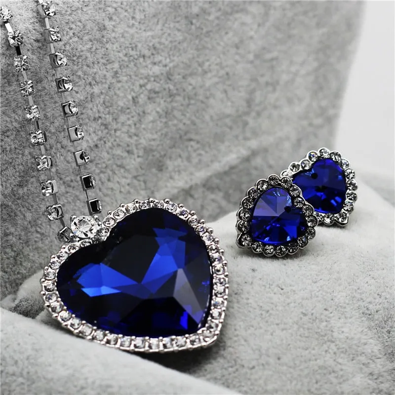 Heart of Ocean Blue Heart Love Forever Jewelry Set For Women Crystal Rhinestones Necklace Earrings Ring Bracelet Set