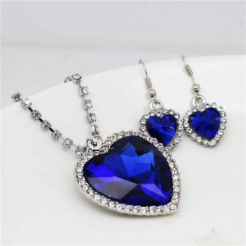 Heart of Ocean Blue Heart Love Forever Jewelry Set For Women Crystal Rhinestones Necklace Earrings Ring Bracelet Set