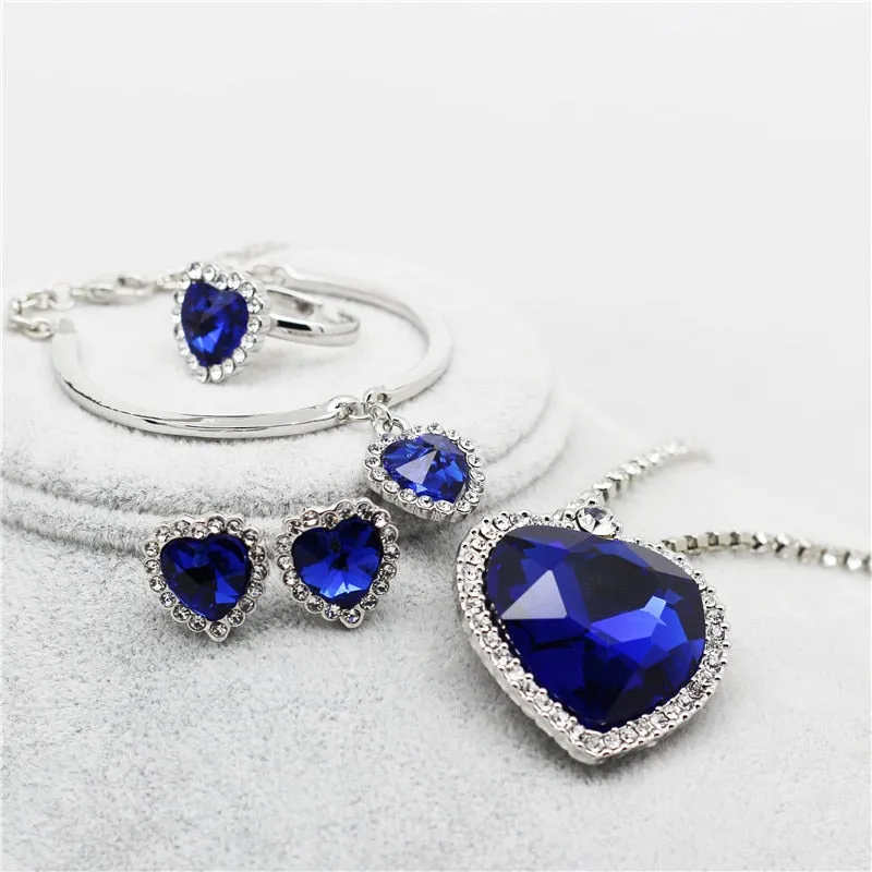 Heart of Ocean Blue Heart Love Forever Jewelry Set For Women Crystal Rhinestones Necklace Earrings Ring Bracelet Set