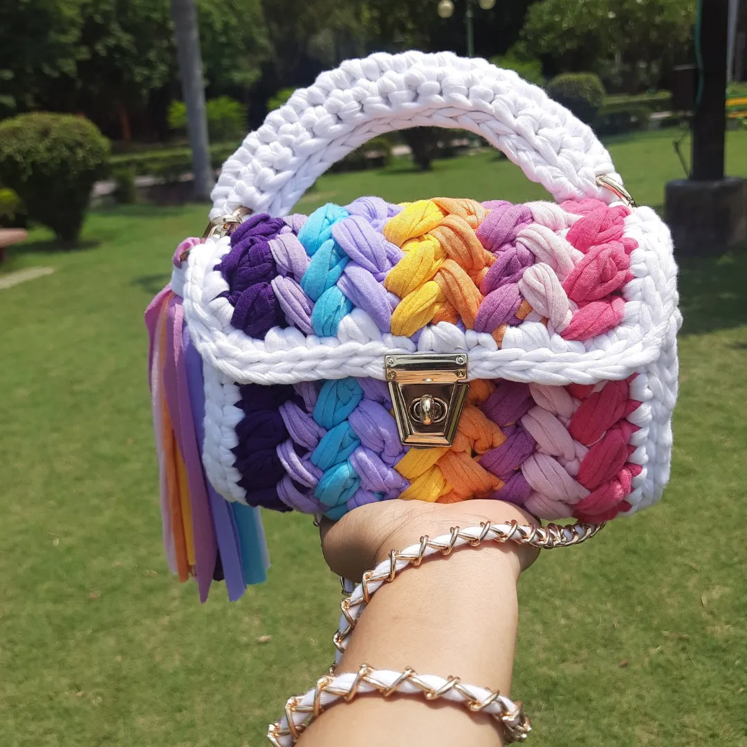 Shiroli Handmade Designer White Crush Rainbow Bag