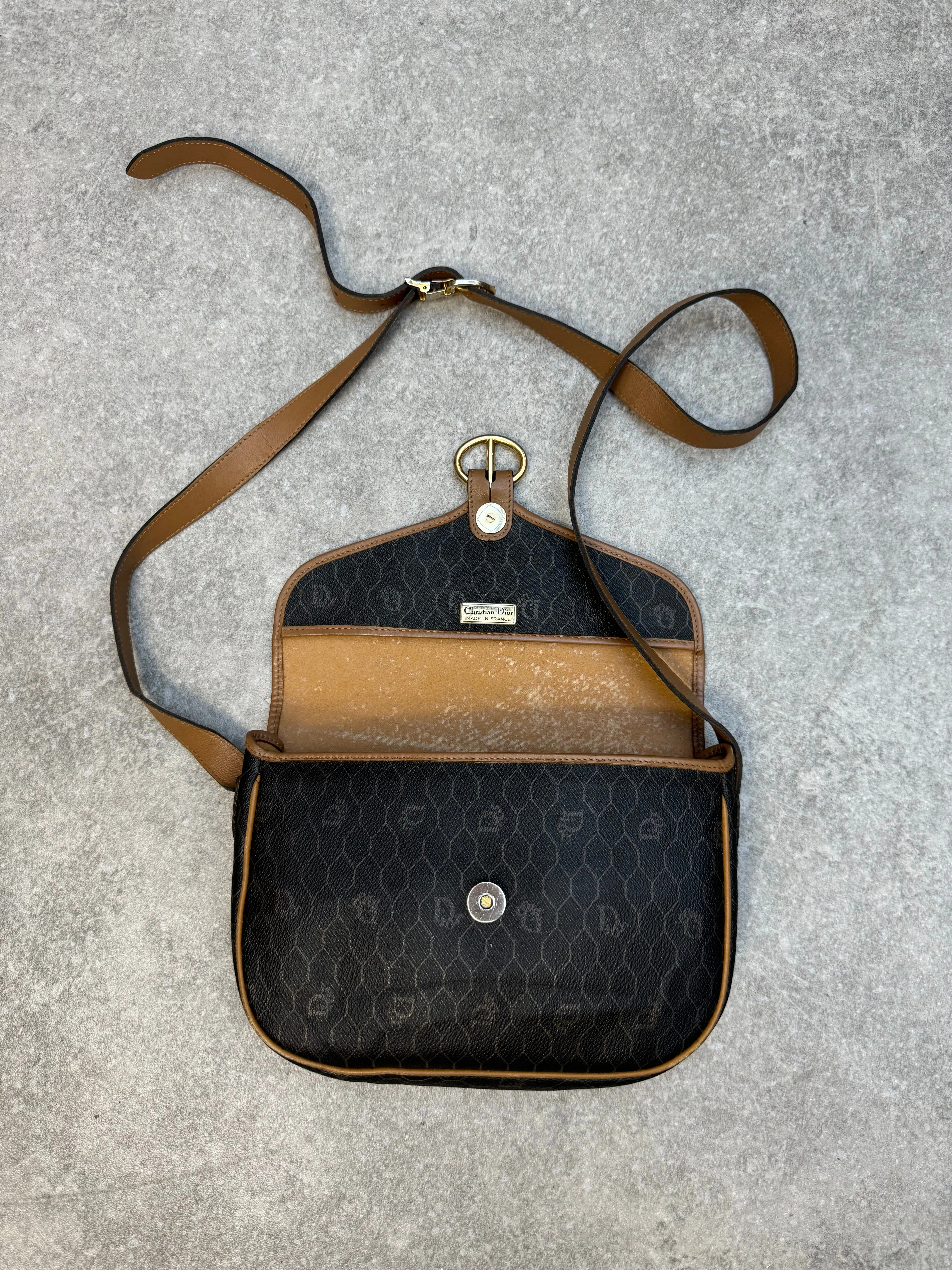 Vintage Christian Dior Honeycomb Logo Canvas Leather Crossbody