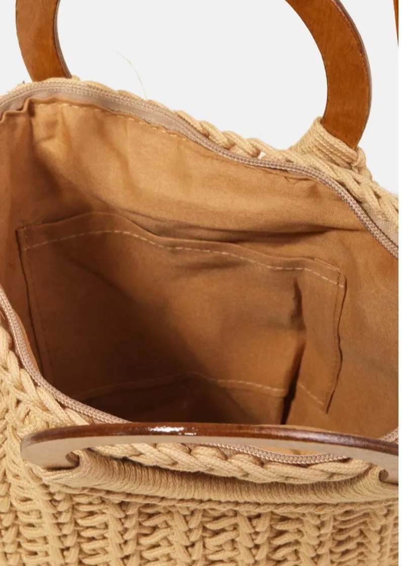 Wooden Hoop Handle Crochet Knit Cross-body Bag